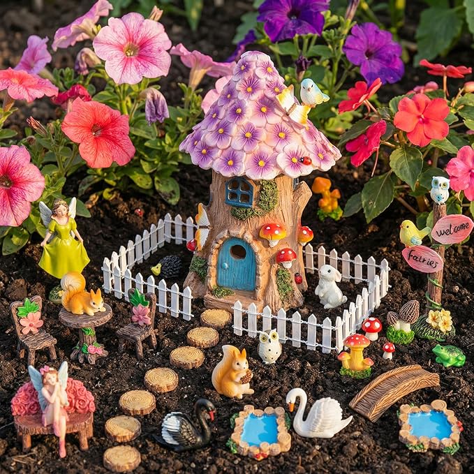 60 Pcs Solar Fairy Garden House Resin Kit | with Lighted Cottage Miniature Fairy Garden Accessories Set for Outdoor Patio Yard Planter Decor DIY Fairy Garden Kit (Fairy)