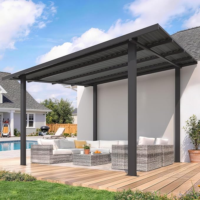 AECOJOY 12' x 10' Outdoor Hardtop Lean to Gazebo for Patio, Large 10x12 Metal Pergola Gazebo, Wall-Mounted Pergolas and Gazebos Clearance, Galvanized Steel Metal Patio Roof Awnings for Patio