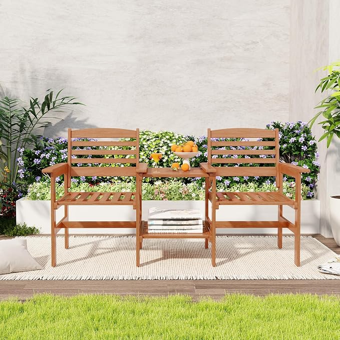 Tangkula Outdoor Patio Loveseat with Table, Wood 2-Seat Conversation Set with Coffee Table and Umbrella Hole, Outdoor Furniture Set for Garden Poolside Backyard Balcony Porch Deck (Natural)