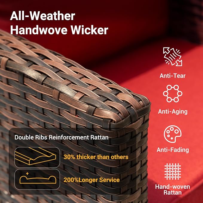 7 Pcs Outdoor Furniture with 44" Fire Pit Table, Rattan Patio Conversation Sets with Swivel Chair, Gas Fire Pit, Ottomans, Side Table, 4" Thick Cushion, for Backyard Garden Deck,Wine Red