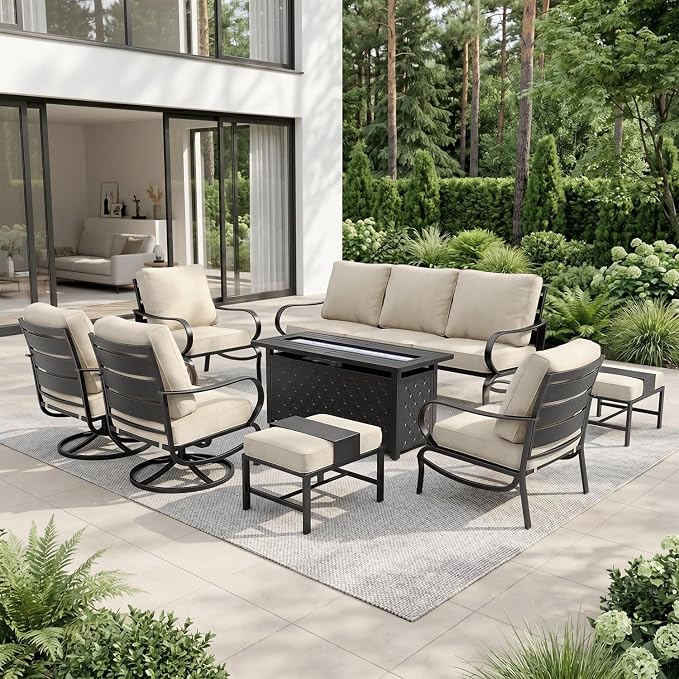Sophia & William Patio Furniture Sets for 9 with 45" Gas Fire Pit Table Outdoor Conversation Sets 8 Pcs, 2xSofa Chairs, 2xSwivel Cushion Chairs, 1x3-Seat Sofa, 2xOttomans for Porch Poolside Beige