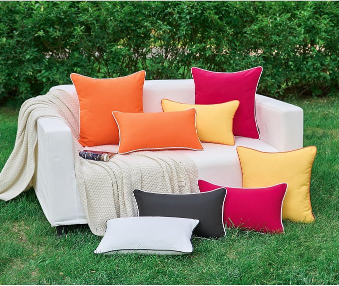 LIGICKY Pack of 2 Hot Pink Outdoor Waterproof Throw Pillow Covers Decorative White Edge Square Pillows Cushion Case Outside Pillowcase for Patio Couch Tent Sunbrella (18x18 inch)