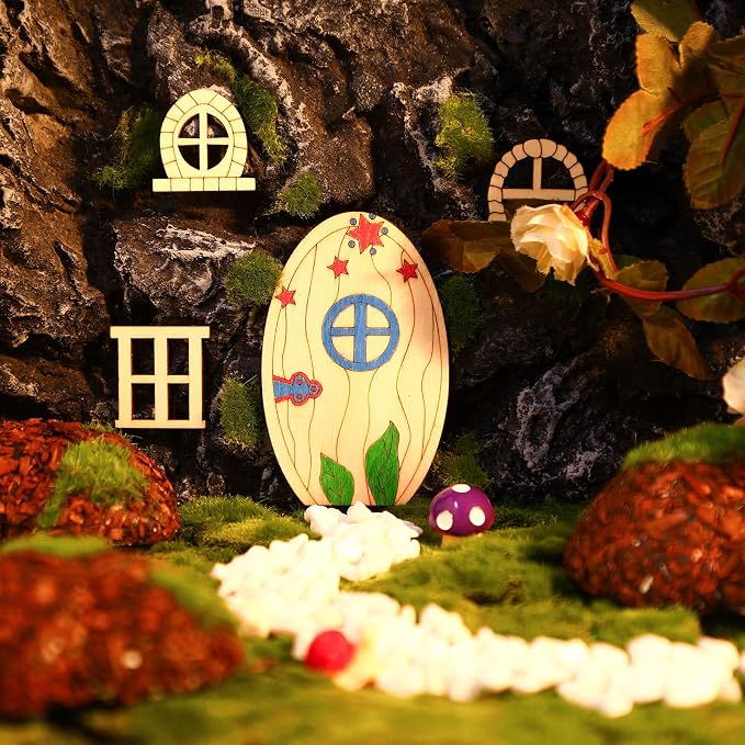 Yulejo 64 Pcs Mini Wooden Fairy Doors and Windows, Fairy House DIY Kit | Unpainted Wood Blanks for Garden Decor, Fairy House Accessories, Party Wedding Craft Projects