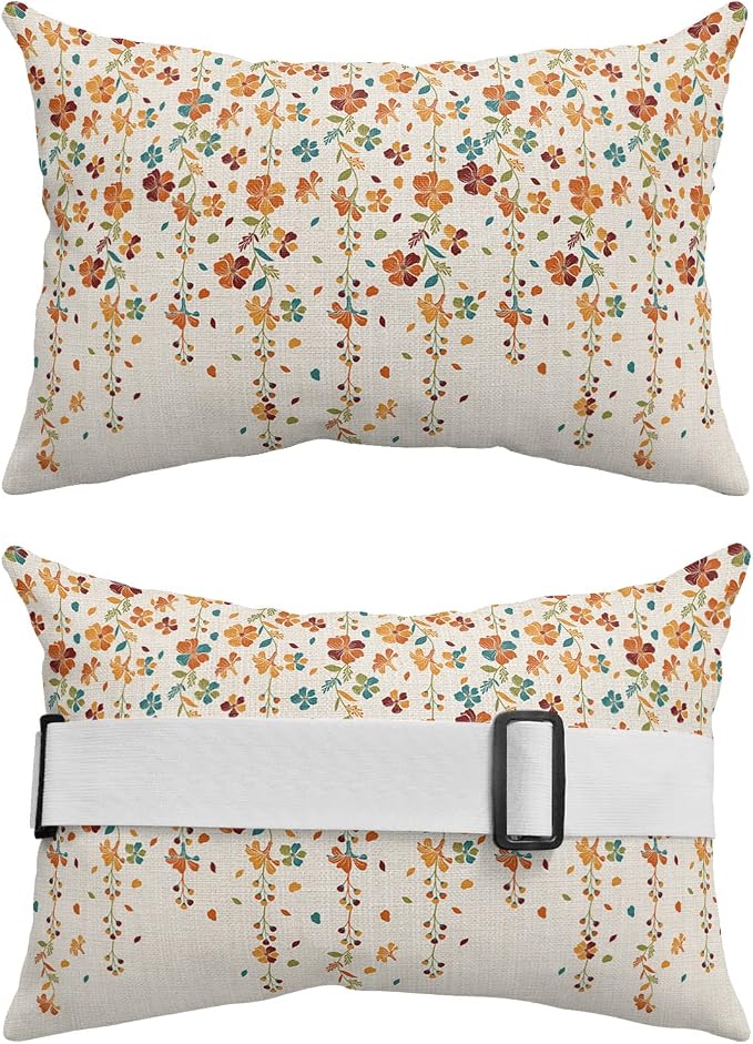 Outdoor Pillows Covers with Inserts Flower Orange Blue Cherry Blossoms Cotton Linen Waterproof Pillow with Adjustable Strap Throw Pillows for Patio Furniture Recliner Lounge Chair, 11x16 inch, 2PCS