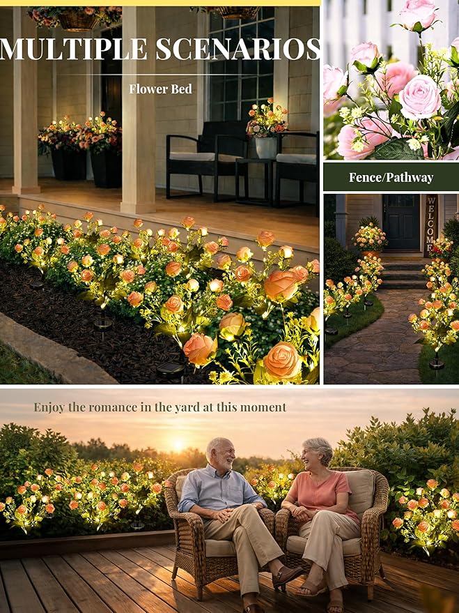 GIGALUMI Solar Lights Outdoor for Garden Decor, 4 Pack Solar Flower Lights Waterproof, 2 Lighting Modes 28 Roses for Pathway,Yard, Patio Decoration, Gardening Gifts for Women (Pink)