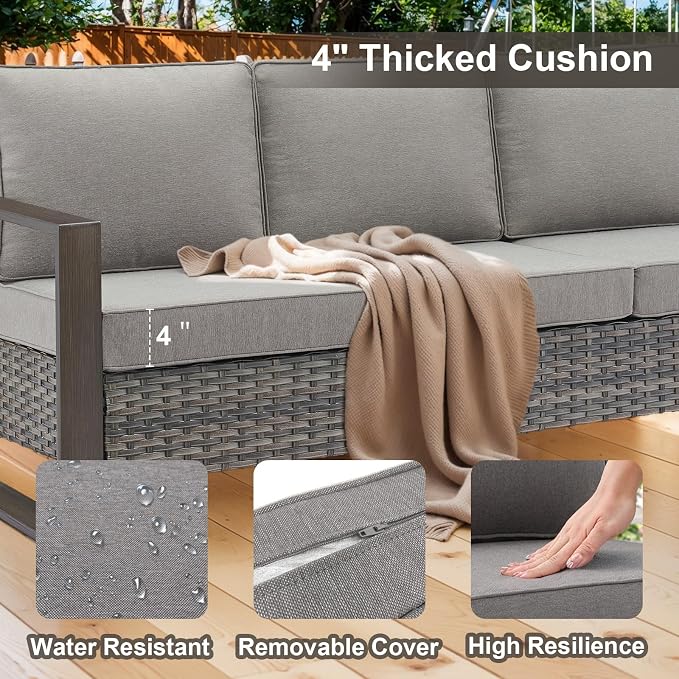 Belord 6 Piece Outdoor Patio Furniture Set with Propane Fire Pit Table, Wicker Patio Conversation Set with 2 Swivel Rocker Chairs Rattan Sofa and Removable 4" Thick Cushions for Deck Backyard