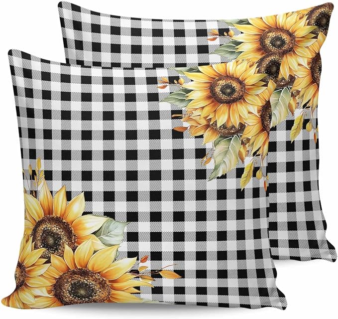 Sunflower Outdoor Waterproof Throw Pillow Covers 26"x26" Set of 2, Buffalo Check Plaid Sunflower Decorative Garden Pillowcase with Zipper Retro Farmhouse Cushion Case for Patio Couch Tent