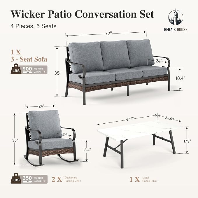 HERA'S HOUSE 4 Piece Metal Patio Furniture Set, All Weather Outdoor Conversation Set with 3 Seat Sofa, 2 Rocking Chairs & Coffee Table, Seats 5 for Backyard, Garden, Deck, Grey
