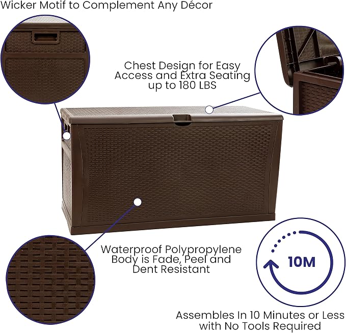 EMMA + OLIVER 120 Gallon Brown Plastic Deck Box for Outdoor Patio Storage & Deck Organization