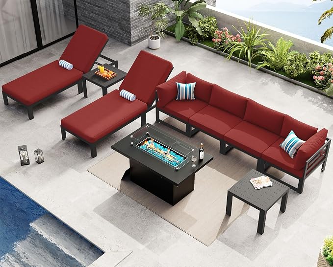NICESOUL 9 Pcs Oversized Modern Aluminum Outdoor Patio Furniture Set with Chaise & Fire Pit Table, 29" Wide Deep Seat, All Weather Sectional Sofa, 500 lbs Sturdy Comfortable Deck Conversation Set, Red