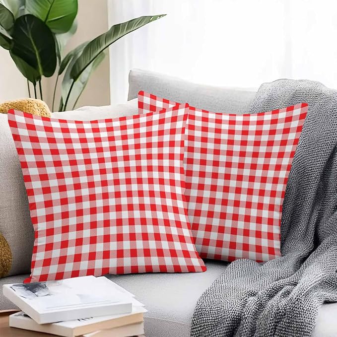 Outdoor Waterproof Throw Pillow Covers Set of 2 Red White Buffalo Plaid Pillowcases 16x16 Inches Pastoral Checked Decorative Pillows Cushion Case Patio Pillows for Couch Bed Chair Garden