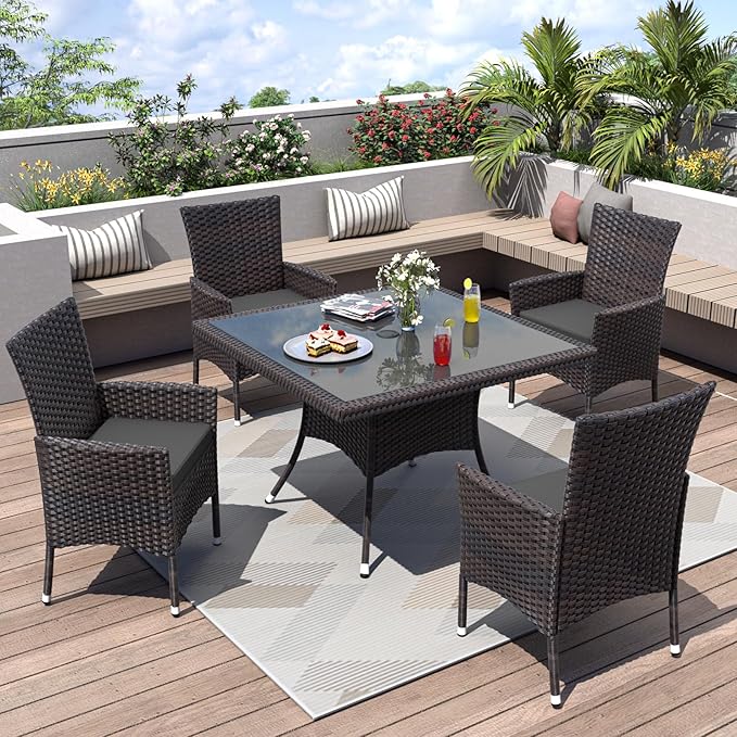 ALAULM 5 Piece Patio Dining Set All-Weather Wicker Outdoor Furniture Set w/Tempered Glass Tabletop, Removable Cushions and Umbrella Hole for Patio, Backyard, Garden, Poolside（Grey）