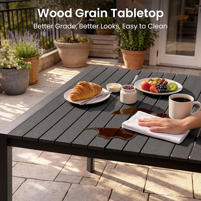 9-Piece Outdoor Dining Set, 56" Square Table and Stackable Arm Chairs | Aluminum Frame Umbrella Hole and All-Weather Wood Grain Patio Furniture for 8 for Garden, Patio, Backyard (Black)