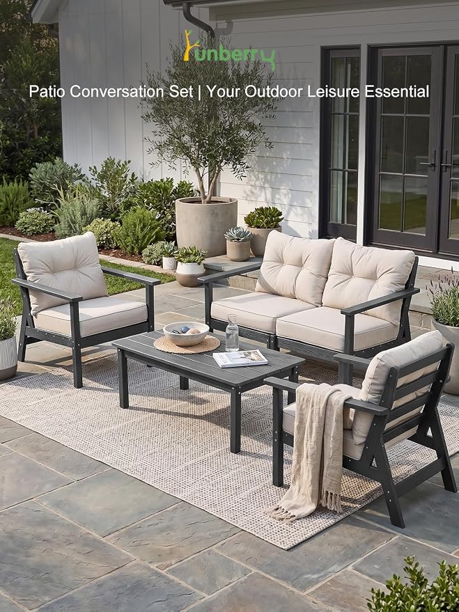 3 Seat HDPE Patio Sofa, Outdoor Couch with Thick Cushions, Patio Furniture | Water-Resistant Thick Cushion, HDPE All Weather, Wood-Grain, No Rot or Rust or Crack, UV Fade Shield, Easy-Clean for Outside