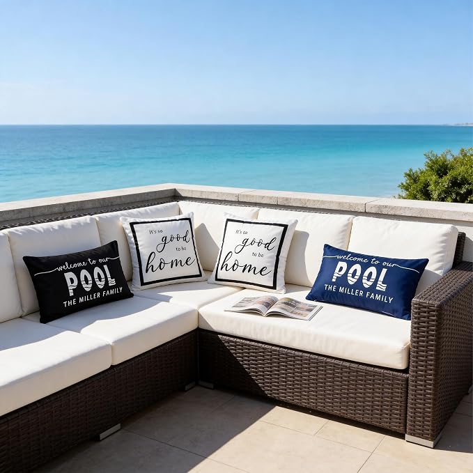 Waterproof Outdoor Pillow Covers 12x20 Inch Set of 2 | Welcome to Our Pool Black Outdoor Throw Pillow Covers, Summer Decorative Cushion Cases for Patio Garden Porch Sofa