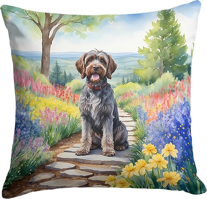 Caroline's Treasures Wirehaired Pointing Griffon Spring Path Throw Pillow Machine Washable, Indoor Outdoor Decorative Pillow for Couch, Bed or Patio, 18Hx18W