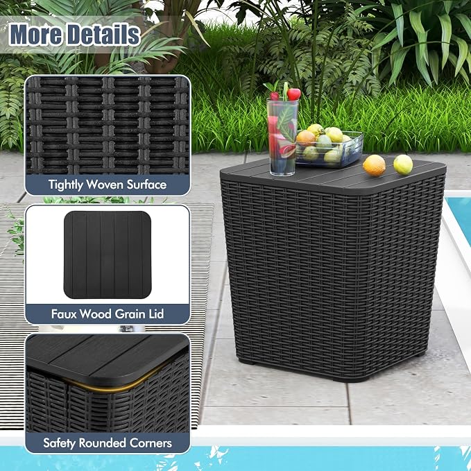 LDAILY 11.5 Gallon Outdoor Storage Box, Deck Box with Table Top & Stool, Resin Wicker Patio Side Table with Storage, Removable Lid, 330Lbs Capacity for Poolside, Balcony (Black)
