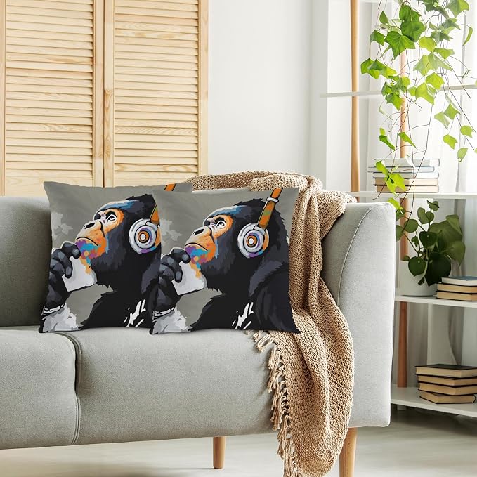 Swono Monkey Throw Pillow Case, Funny Chimpanzee Monkey Headphone Music Square Home Decorative Cushion Cover for 18 X 18 Inches Pillow Covers, 2 Pack Pillowcases for Bedroom Office Dorm Couch