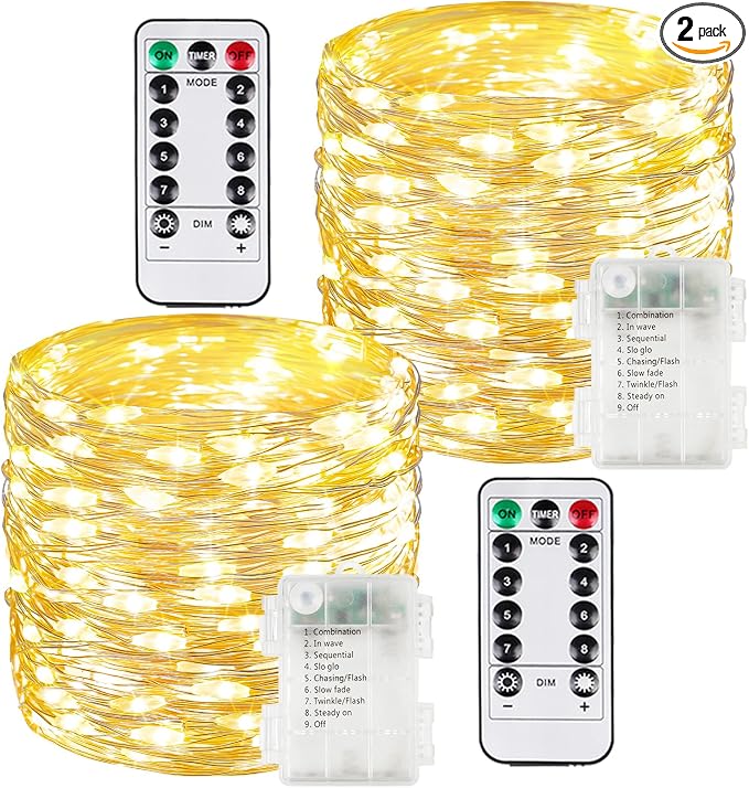 2 Pack 100 LED Fairy Lights Battery Operated with Remote, 33 FT Warm White | Cuttable, 8 Modes, Memory, Dimmable, Waterproof Battery String Lights with Timer for Indoor Outdoor, Christmas Decorations
