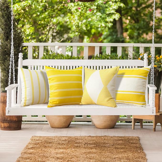 OTOSTAR Outdoor Waterproof Pillow Covers 18x18 Inch Set of 4 Geometry Linen Decorative Throw Pillow Covers Square Cushion Case Garden Throw Pillow Cases Pillows for Patio Furniture Couch Tent (Yellow)