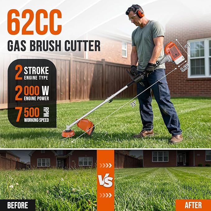 62cc Gas Powered Weed Eater String Trimmer, 3 in 1 Gas Weed Wacker, Powerful 2 Stroke Yard Tool,Quick Start Grass Cutter for Home Garden Lawn Trimming