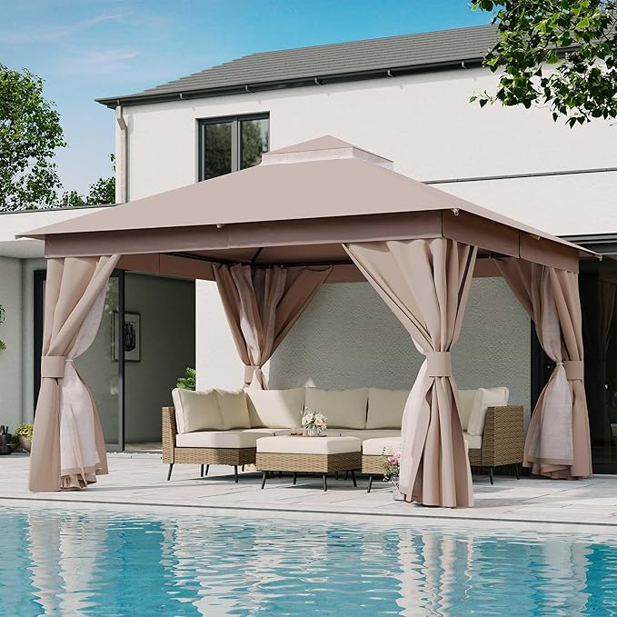 LAUSAINT HOME 12'x12' Outdoor Gazebo, Metal Frame Heavy Duty Patio Canopy Tent Shelter with Double Roofs, Mosquito Nettings and Privacy Screens for Backyard, Garden, Lawn, Khaki