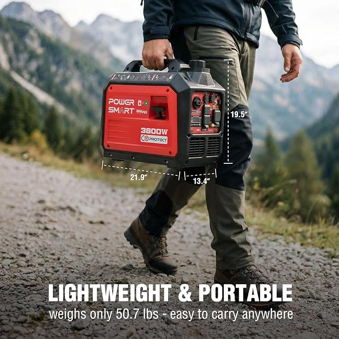 PowerSmart 3800 Watt Dual Fuel Inverter Generator, Quiet Portable Gas Propane Powered with CO Sensor and RV Ready Outlet, 149cc 4-Stroke OHV Engine for Home Backup, Camping and Tailgating