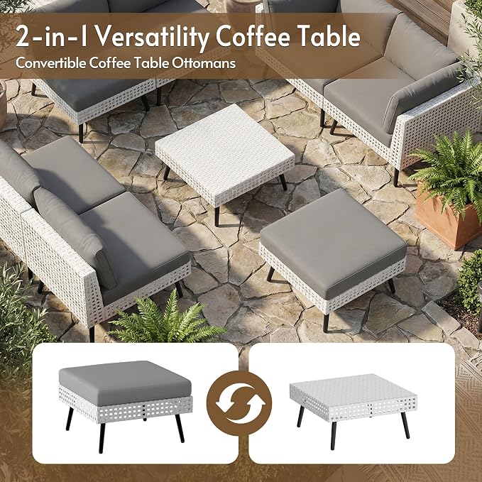3 Piece Patio Furniture Sets, Modular Patio Sectional Conversation Sets with Upgraded Cationic Fabric Cushions & Outdoor All-Weather Handwoven Open Weave Wicker for Garden, Poolside, Backyard