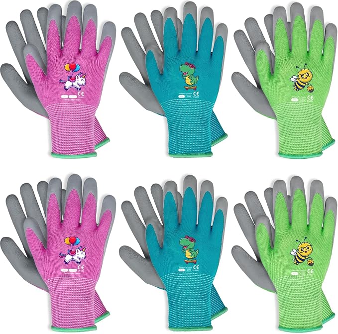 Kids Gardening Gloves, Latex Coated Toddler Yard Gloves, 6 Pairs (8-10 YRS) | Perfect fit for tiny hands, cute washable latex palm protects wrists from dirt, durable for garden play & outdoor tasks.
