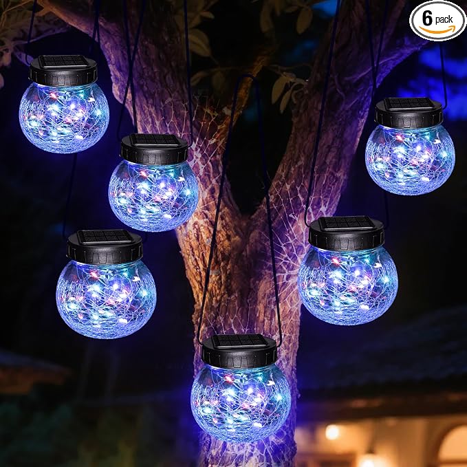 kolpop 6 Pack Solar Lantern Outdoor Lights, Multi-Coloured Solars Lanterns with 30 LED, Crackle Glass Ball Waterproof Hanging Solar Lights for Garden Decor Patio Fence Yard Christmas Tree Decoration