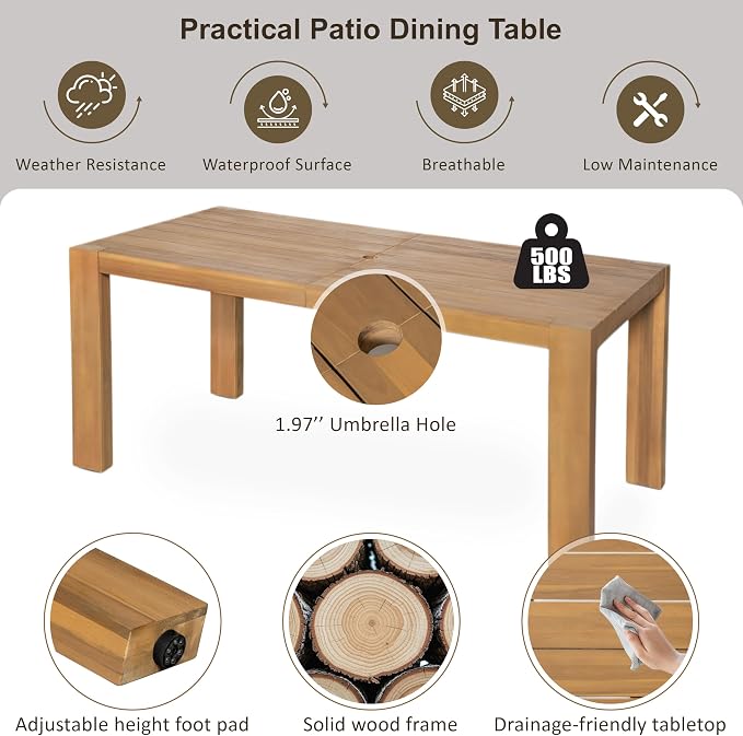 7-Piece Patio Dining Table Set for 6, Outdoor Furniture Sets with 70.8" Rectangle Table, Patio Table and Chairs Set with Removable Cushions for Backyard,Garden,Poolside (Light Teak@24)