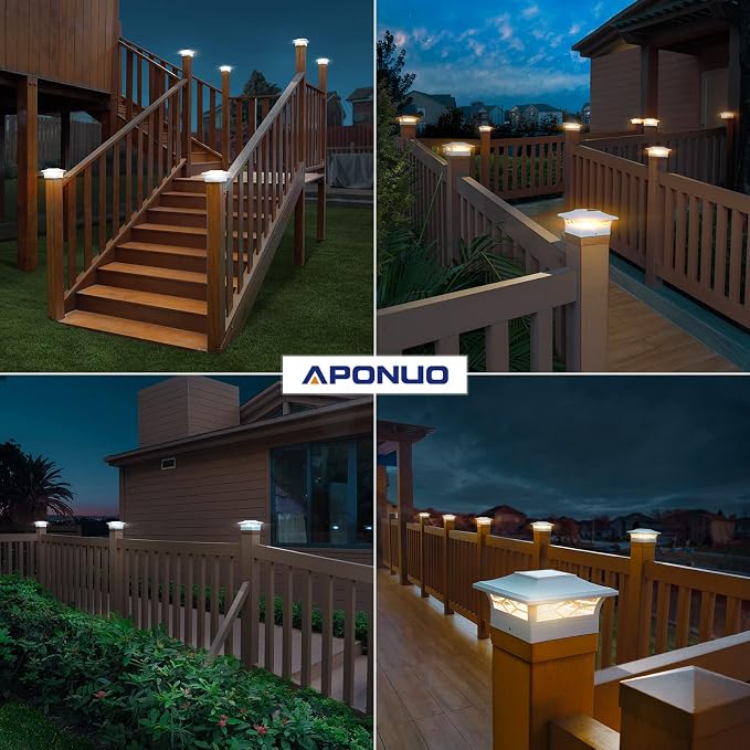 APONUO Solar Post Cap Lights,12 Pack 2-Modes Bright 4x4 Post Solar Lights Auto On Off,Outdoor Waterproof Garden Patio Fence Deck Patio Decor for Fence Deck Post Caps 4x4 6x6 Wood,4x4 Vinyl