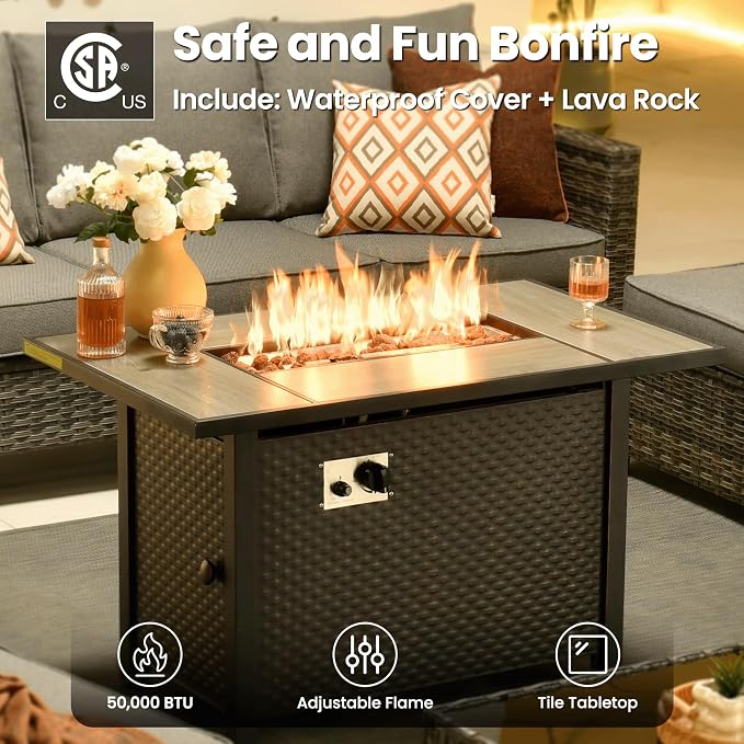 ovios 7 Pieces Patio Furniture Set, Outdoor Wicker Sofa Couch with Swivel Glider Chairs Fire Pit Table, Modern Deep Seat Rattan Conversation Sets for Deck Porch, Dark Grey