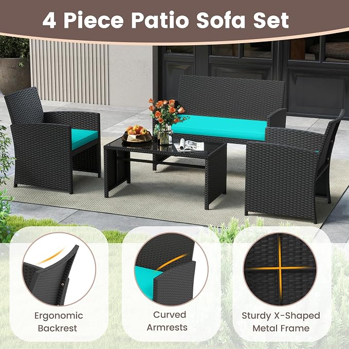 HAPPYGRILL 4 Piece Rattan Wicker Patio Conversation Set, Outdoor Furniture with Chair Loveseat Table & Cushion, for Backyard Porch Balcony (1, Black & Turquoise)