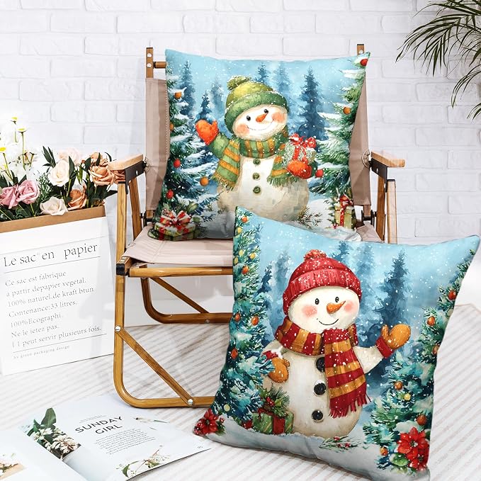 Lovely Green and Red Snowman Pillow Covers Christmas Throw Pillow Covers 20x20 Set of 2 Winter Xmas Tree Pine Forest Pillowcase Holiday Cushion Case for Couch Sofa
