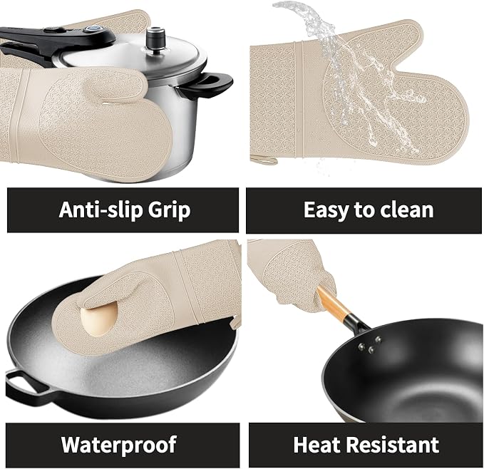 Hovico Silicone Oven Mitts, Heat Resistant 500F Kitchen Mitts 2PCS, 11.6" BPA-Free Soft Baking Gloves, Non-Slip Grip Oven Gloves with Soft Cotton Lining for Kitchen Cooking Baking BBQ - Apricot