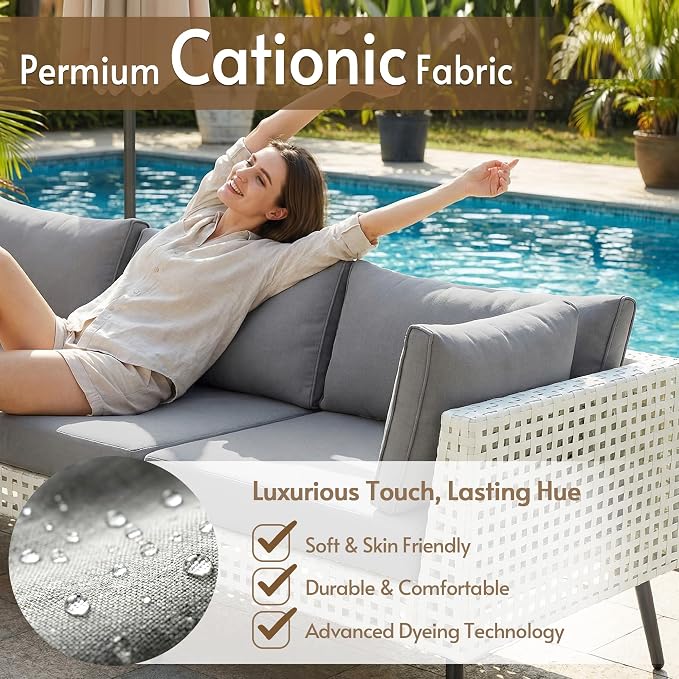 5 Piece Patio Furniture Sets, Modular Patio Sectional Conversation Sets with Upgraded Cationic Fabric Cushions & Outdoor All-Weather Handwoven Open Weave Wicker for Garden, Poolside, Backyard