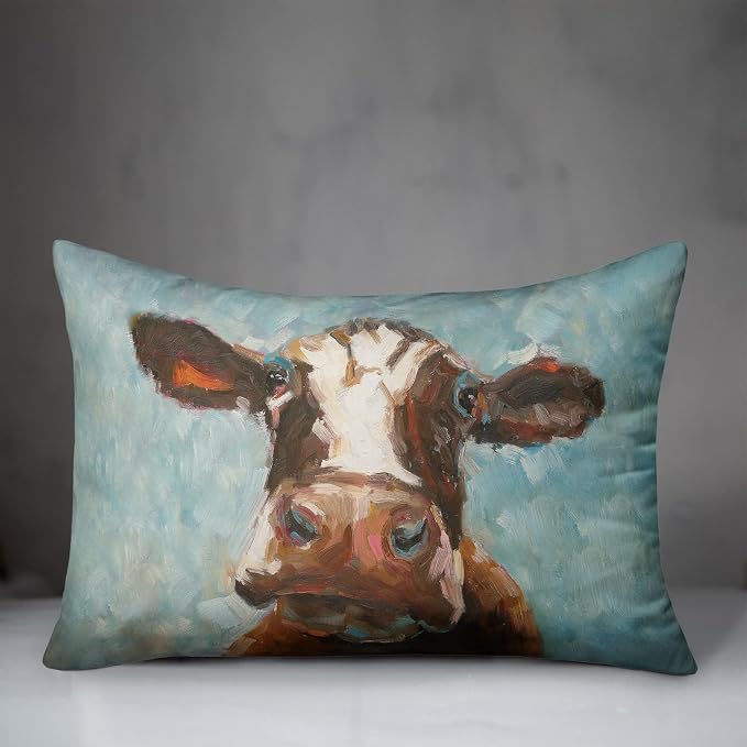 Brown Painted Cow Indoor/Outdoor Pillow | Decorative Pillows for Living Room Couch Bed Sofa Patio, Fluffy Soft Cushion | Water Resistant Multi, 14x20