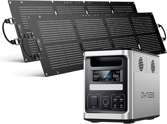 DYNESS 1536Wh Solar Generator with 2 * 100W Foldable Solar Panel, LiFePO4 Battery Backup 1800W AC (3600W Surge) Portable Power Station, Fast Charging for Home Backup, Camping, RV & Power Outage