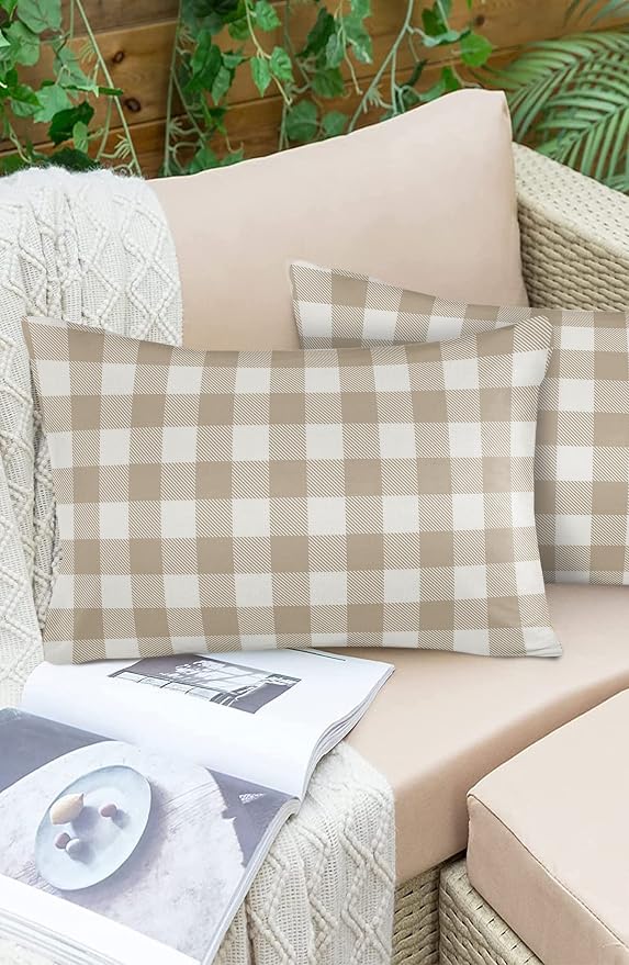 Outdoor Waterproof Throw Pillow Covers Set of 2 Khaki Buffalo Check Plaid Lumbar Pillowcases 20x12 Inches Farmhouse Style Patio Decorative Pillows Cushion Case Patio Pillows for Couch Bed Chair Garden