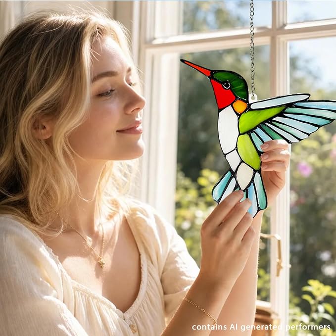 Hummingbirds Suncatcher Stained Glass, Hummingbird Suncatcher Ornament, Hummingbird Suncatcher for Grandma/Mom/Women (Green)