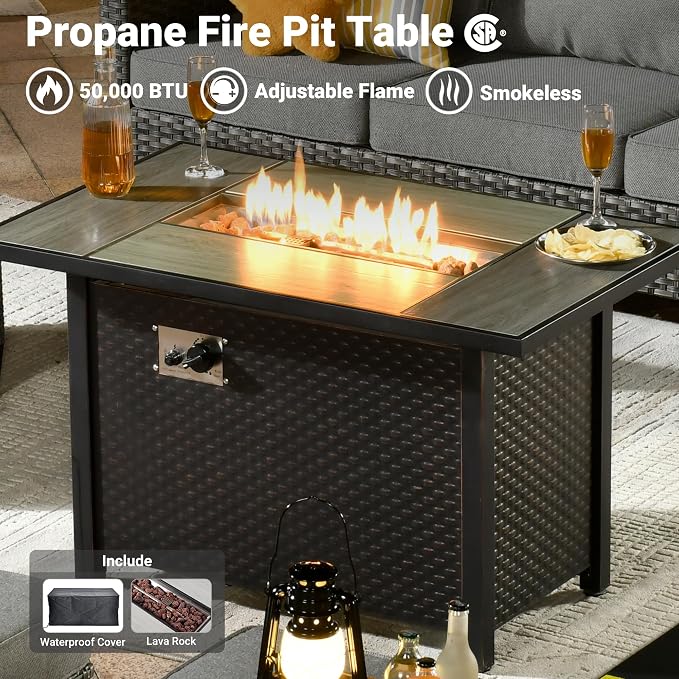 ovios 7 Pieces Patio Furniture Set with 42" Fire Pit Table, Outdoor Wicker Sofa with Swivel Chairs, All Weather High Back Rattan Couch Conversation Set, Dark Grey