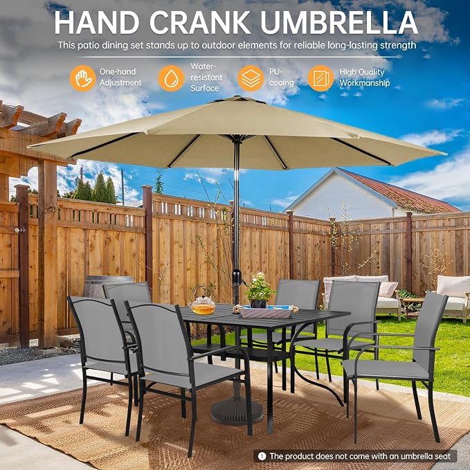SUNCROWN 8 - Piece Outdoor Dining Set, Patio Furniture Set with 6 Textilene Dinning Chairs, 1 Rectangle Metal Table and 1 Brown 9Ft Patio Umbrella for Lawn Garden Backyard Deck, Grey