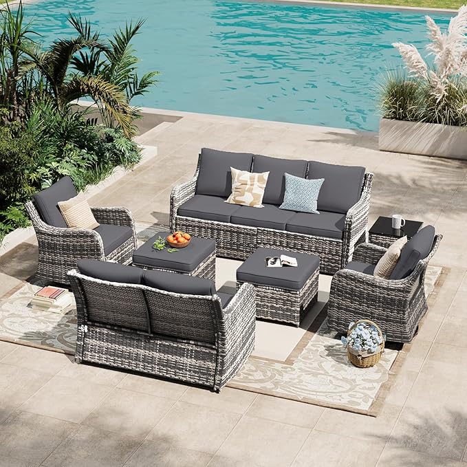 MEISSALIVVE 7 Pieces Patio Furniture Set with Swivel Chair, Wicker Patio Sofa, Rattan Conversation Set with Three-seat Sofa, 2 Ottomans and Loveseat for Lawn Backyard (Grey)