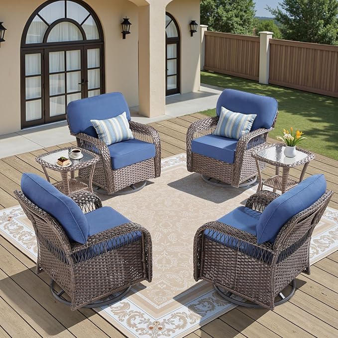 Patio Furniture Sets, 6 PCS Wicker Outdoor Furniture with Patio Sidetables - Patio Swivel Rocking Chairs and Rattan Side Table for Garden, Porch, Backyard, Blue/Brown Wicker