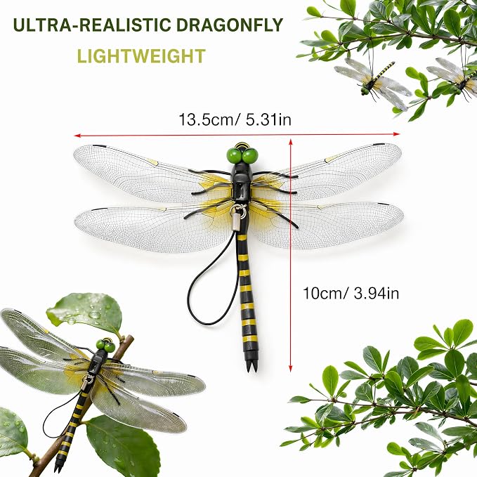 4PCS Dragon Fly Clips for Bugs Repellent - 3D Realistic Dragonfly Clips to Keep Bugs Away - Driving Away Mosquitoes, Bees & Flies - Fake Dragonflies for Indoor & Outdoor - Garden Decor, Patio, Hat