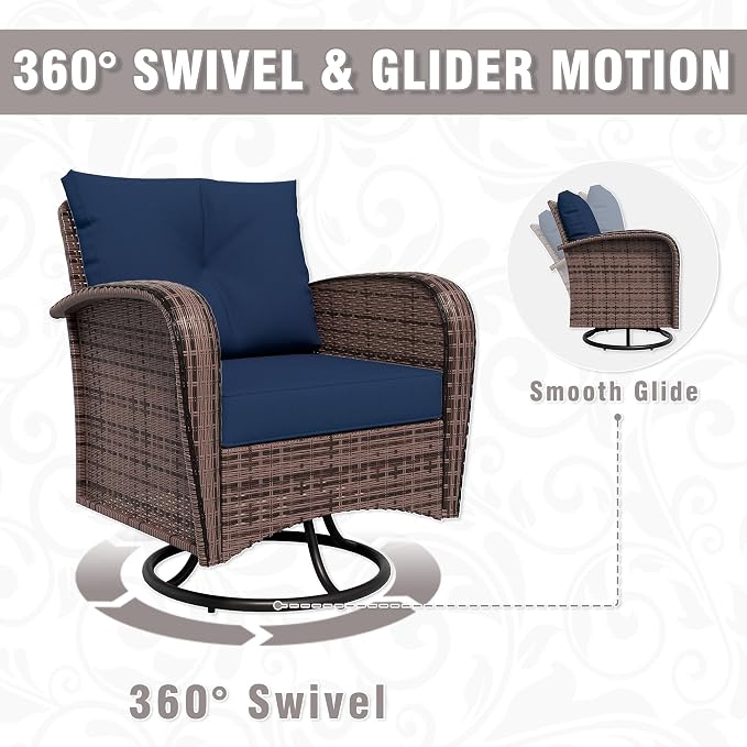 4 Piece Patio Conversation Set - 2 Swivel Chairs 1 Coffee Table 3-Seater Sofa, PE Wicker & Steel Patio Furniture with Heavy-Duty Steel Frame,Weatherproof Cushions, Blue