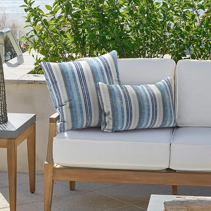 Outdoor Lumbar Pillow Covers 12”x20”, Rectangle Throw Pillow Covers for Patio Furniture, Decorative Lumbar Cushion Case for Garden Balcony Couch Office Chair, Pack of 2, Stripe Layered Blue