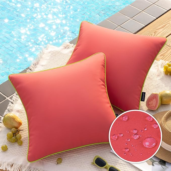 Phantoscope Pack of 2 Outdoor Waterproof Throw Pillow Covers with Contrast Piping, Decorative Square Cushion Case Patio Pillows for Couch Tent, Rose Pink 18x18 inches