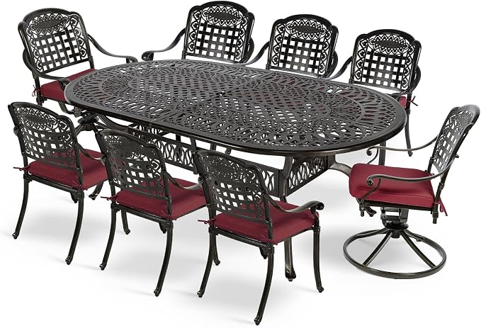 MEETWARM 9-Piece Outdoor Patio Dining Set, All-Weather Cast Aluminum Patio Conversation Set with 6 Stationary, 2 Swivel Rocker Chairs, 1 Oval Table, 8 Cushions, 2" Umbrella Hole, Chili Red
